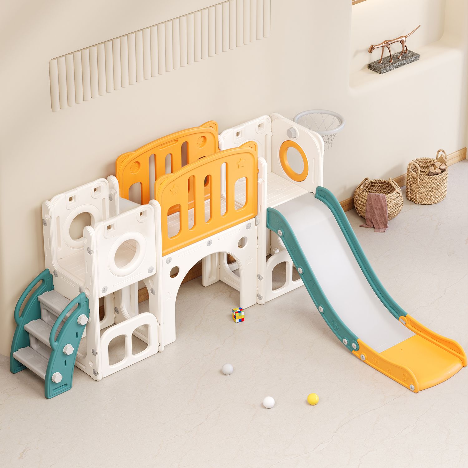 Tobogán Infantil 6 En 1 - Compuesto Por Tobogán, Canasta De Baloncesto, Escalera, Túnel Y Dos Espacios - Verde