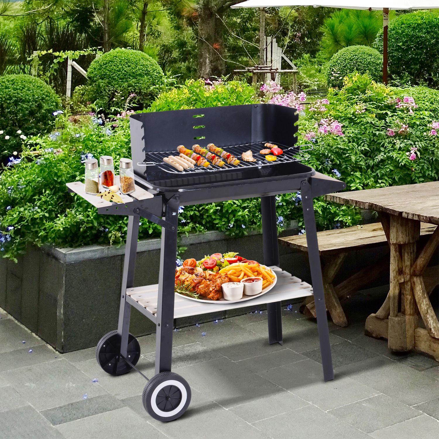 Barbacoa De Carbón Bbq Con Ruedas Y Estante Outsunny 83x37x87cm Negro