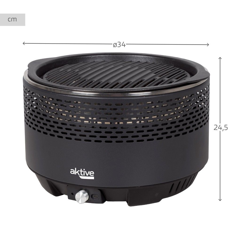 Barbacoa Portátil Negra A Carbón Sin Humo Aktive, Ø34x21,5cm, Con Protección Antigoteo