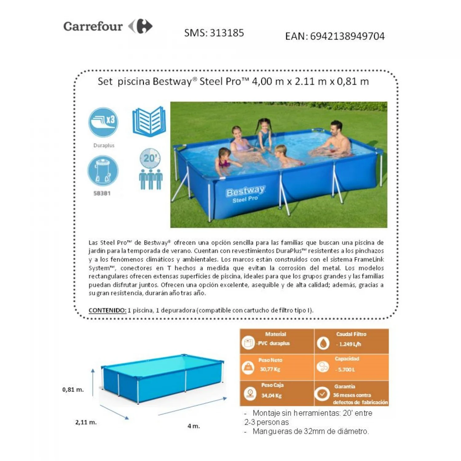 Piscina Tubular 400x211x81 cm Bestway