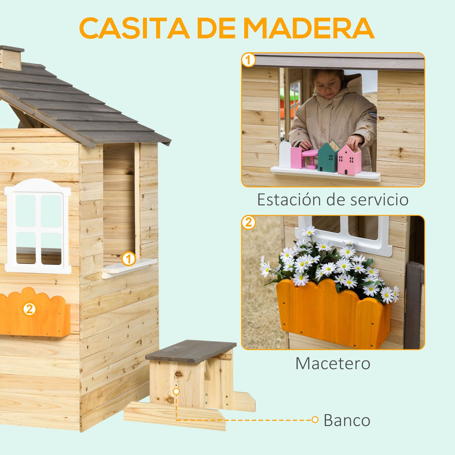 Casa De Jardín Infantil Con 2 Maceteros Y 1 Banco Natural Outsunny
