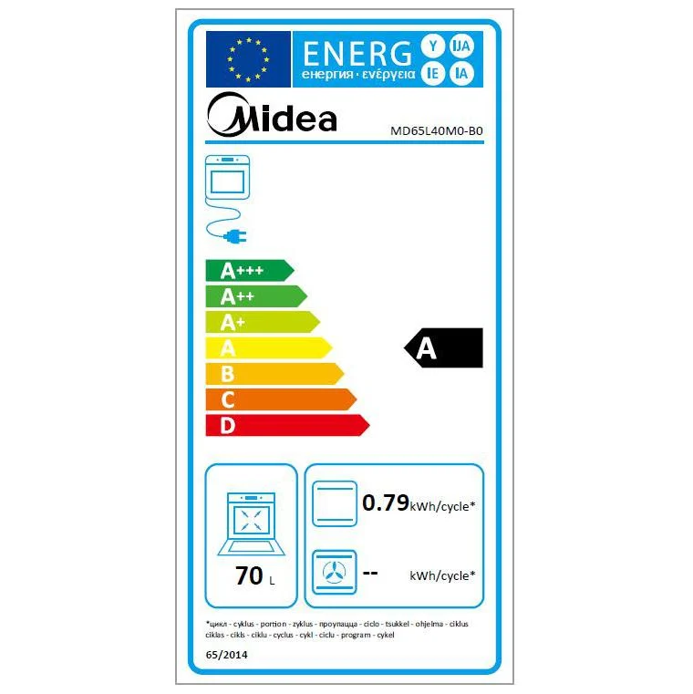Horno Multifunción Midea MD65L40M0-B0, 2.1 kW, 70 L, Apertura Abatible, 4 Funciones de Cocción, Eficiencia A - Inox