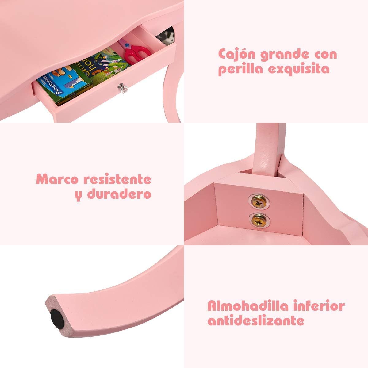 Tocador Con Taburete Y Espejo Para Niña De Mdf Y Madera Mesa Costway 70 X 34 X 103 Cm(rosa)