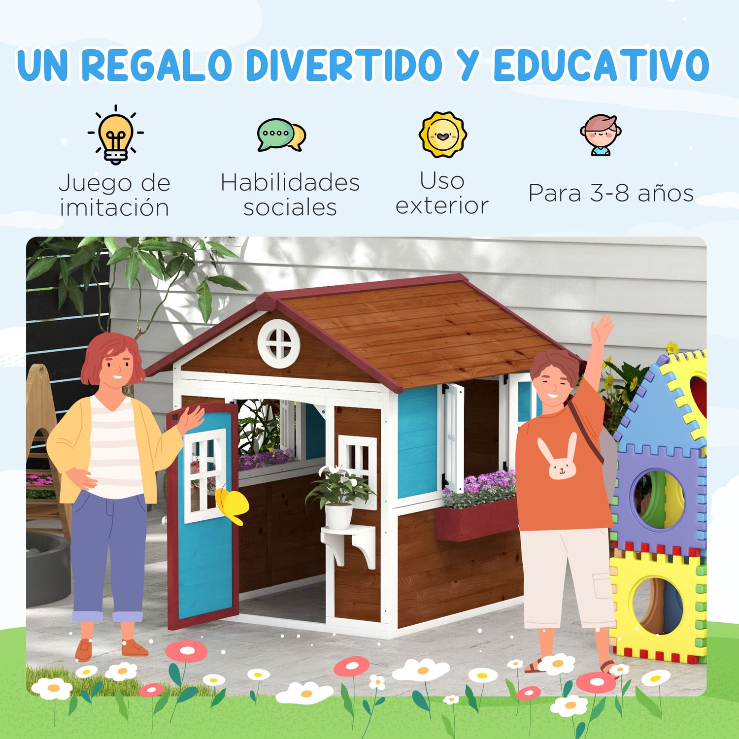 Casa De Jardín Infantil De Abeto 114x126,4x135 Cm- Outsunny. Marrón