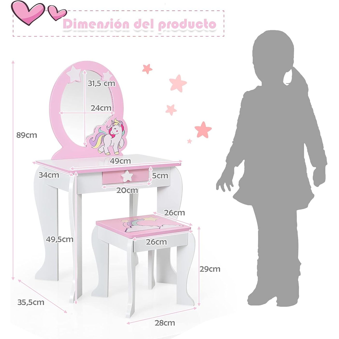 Tocador Infantil Con Taburete Y Espejo Mesa De Maquillaje Costway 49 X 34 X 90 Cm