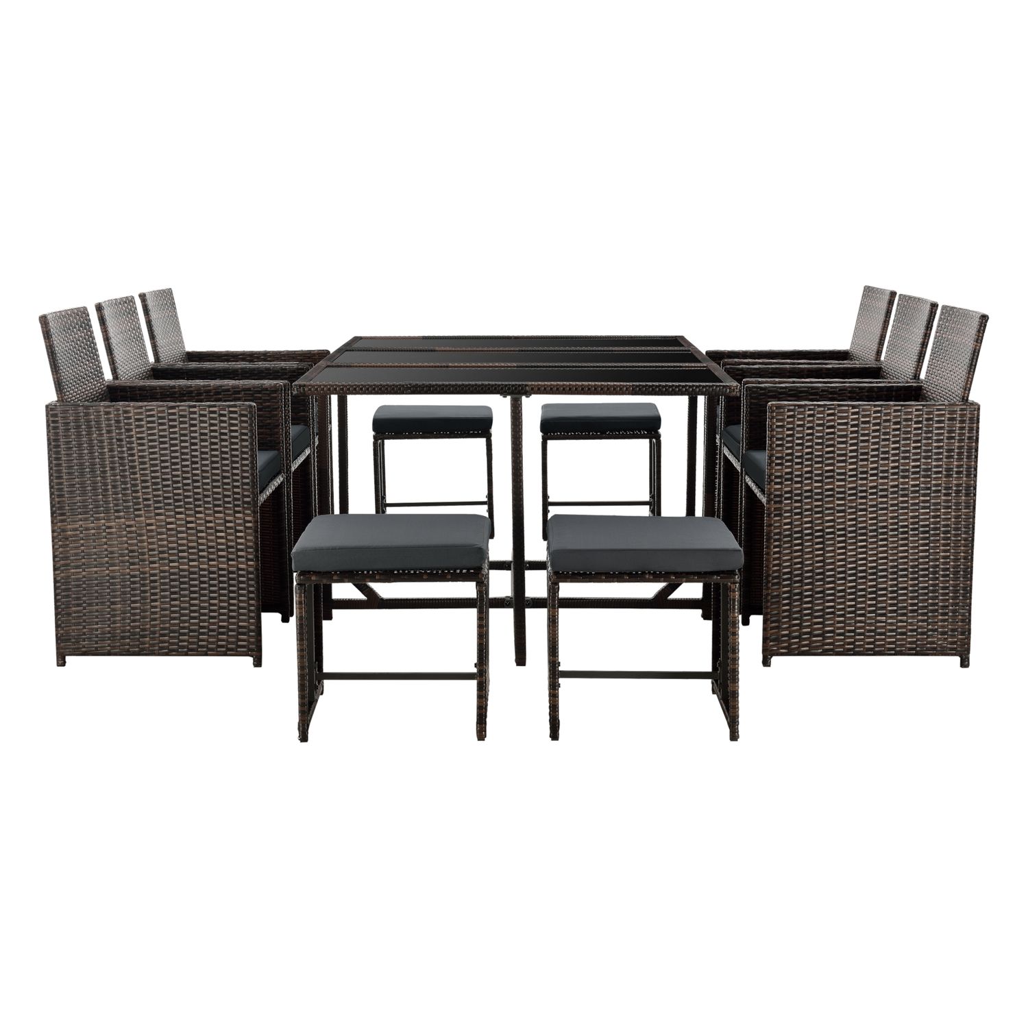 Set De Muebles De Jardín Laredo - 11-piezas - Conjunto De Muebles De Exterior Con Cojines - Terraza - Patio - Set De 6 Sillones - 4 Pufs - Mesa - Polyrattan - Marrón Meler [en.casa]®