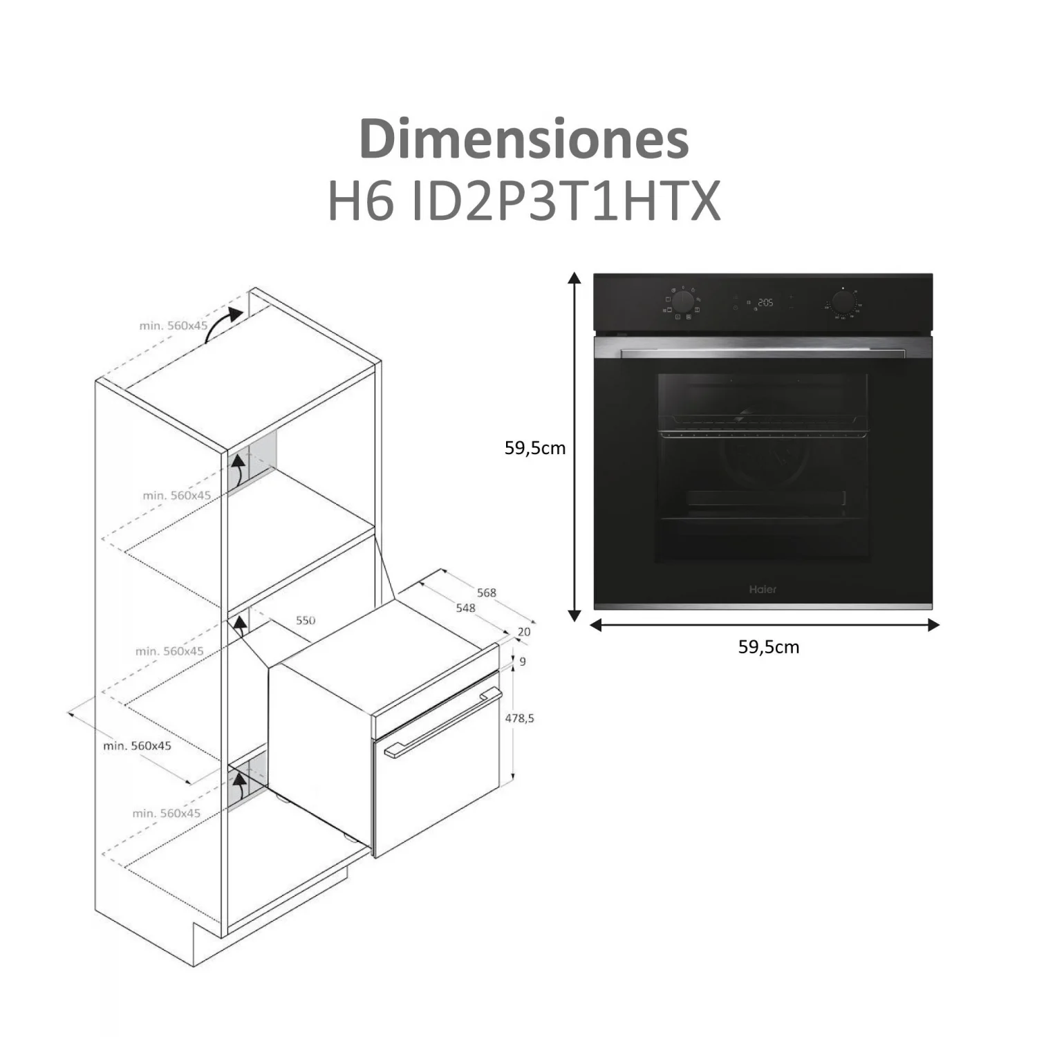 Horno Multifunción Haier  H6 ID2P3T1HTX, 3.3 kW, 78 L, Apertura Abatible, 6 Funciones de Cocción, Eficiencia A+ - Negro