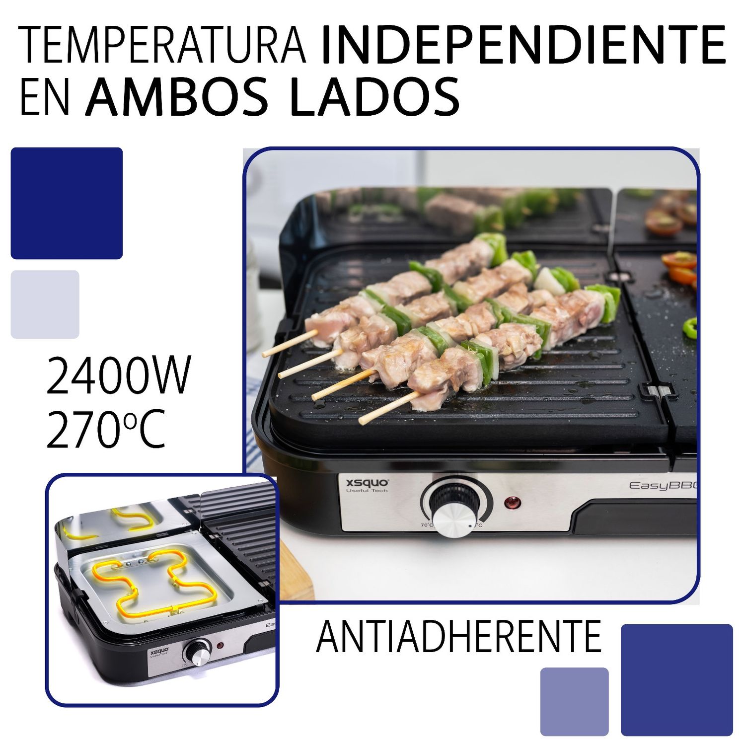 Easy Bbq Parrila Grill, Teppanyaki. Dos Zonas De Cocinado Independientes Conmbinan Pariila Y Plancha, Dos Placas De Aluminio Reversibles Y Antiadherentes Con Dos Termostatos Con Hasta 270º.