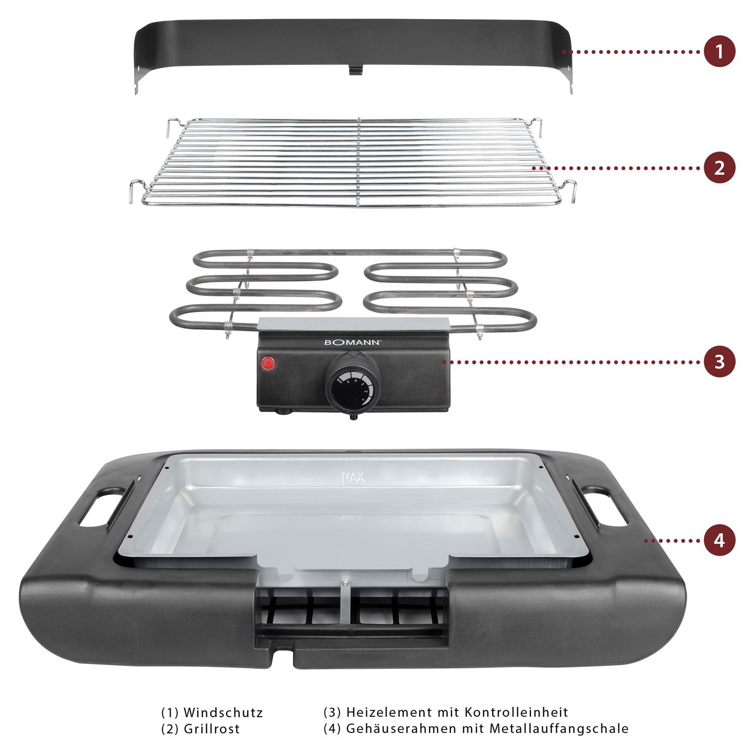 Barbacoa Eléctrica, Parrilla Cromada 36 X 25 Cm, Termostato, Frontal Antiviento, Bandeja Antigoteo Negro 2000w Bomann Bq 2243 Cb
