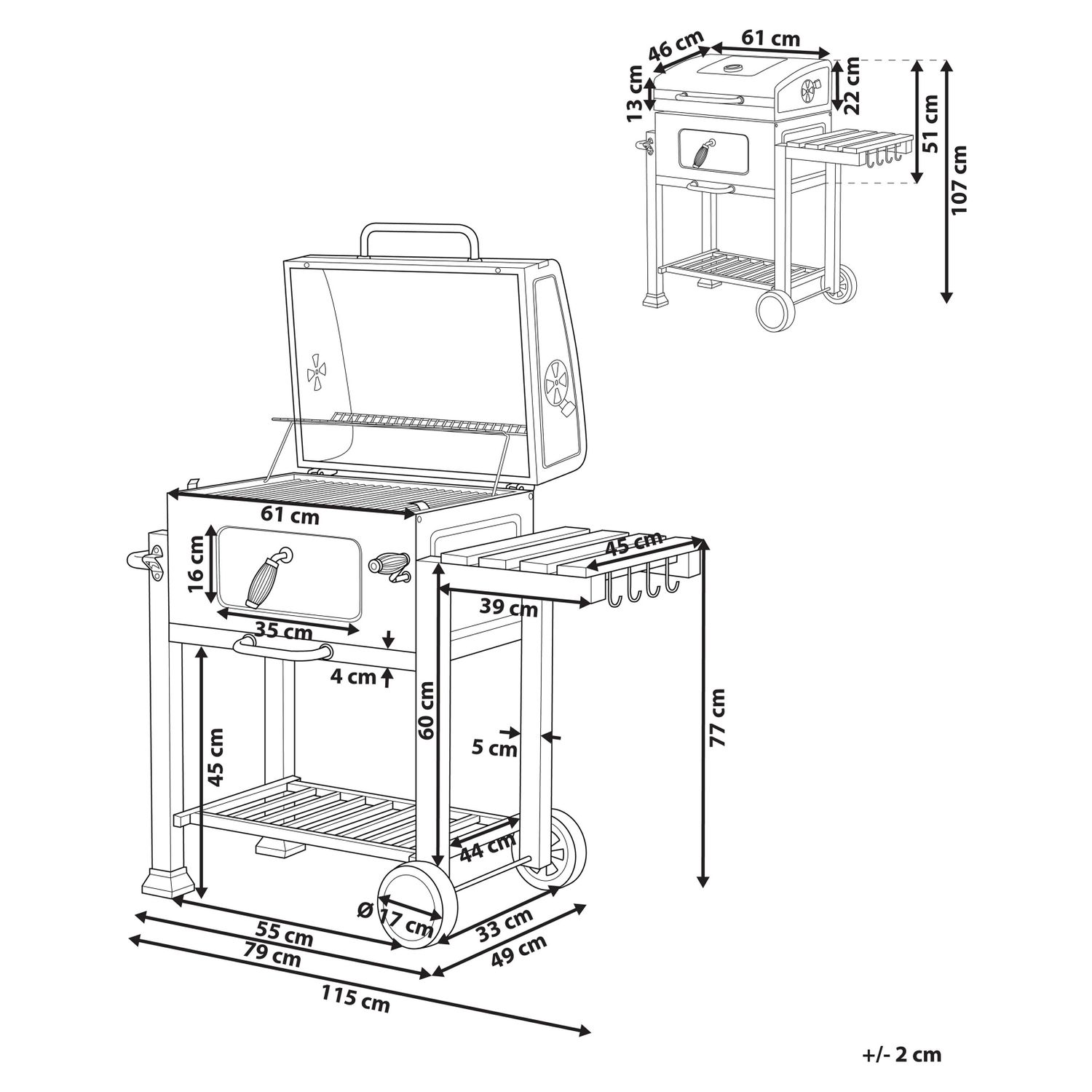 Barbacoa De Carbón Parrilla De Acero Gris Con Tapa Rejilla Ruedas 2 Estantes Termómetro Cenicero Extraíble Jardín Pavlof - Gris