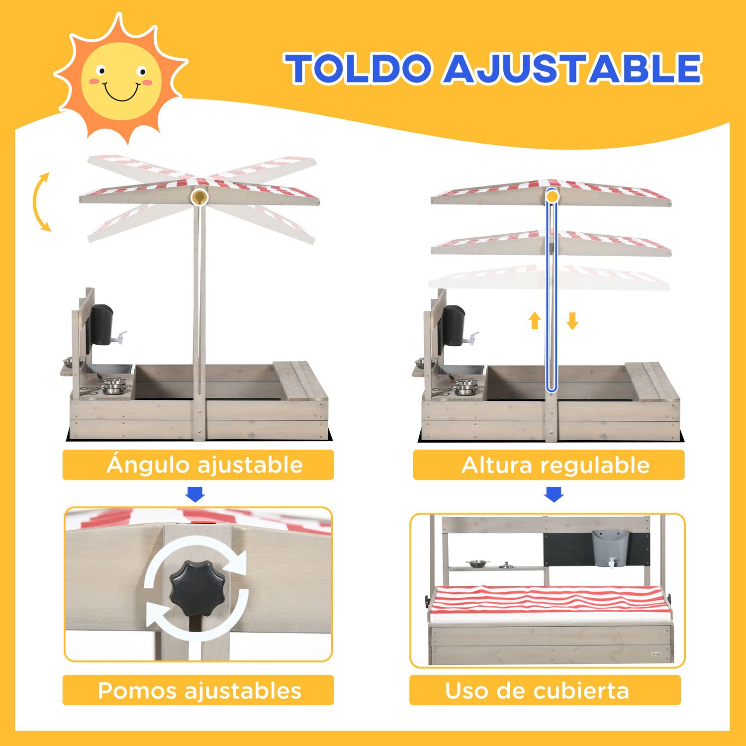 Arenero Para Niños Outsunny Madera Poliéster 114x110x110 Cm Gris