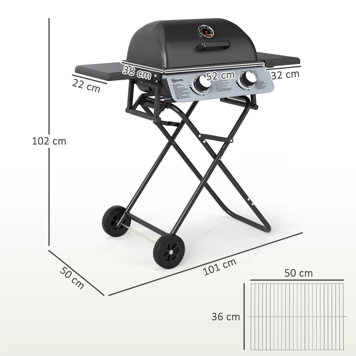 Barbacoa De Gas De Acero Inoxidable Abs Outsunny-101x50x102 Cm. Negro
