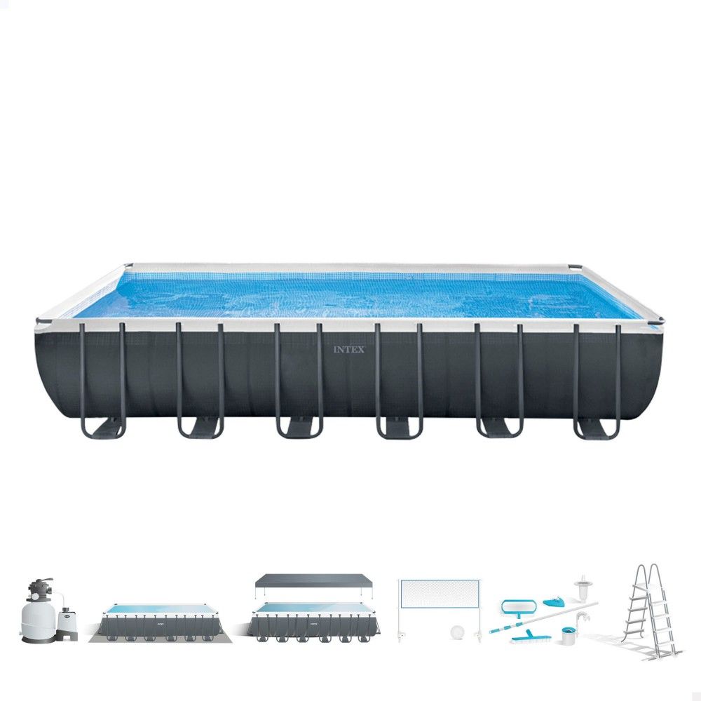 Piscina Desmontable Tubular Rectangular Pvc 732x366x132 Cm Gris Oscuro Intex Con Depuradora