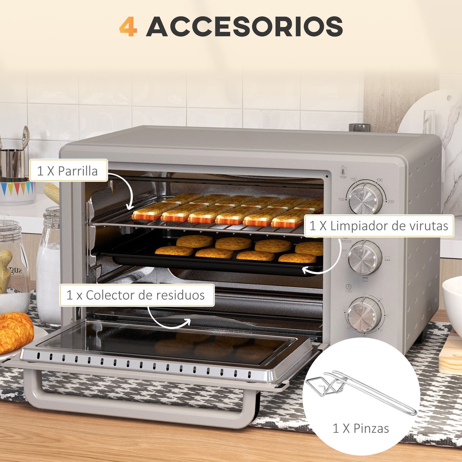 Horno Eléctrico De Sobremesa De Metal Y Vidrio Templado Homcom Plateado