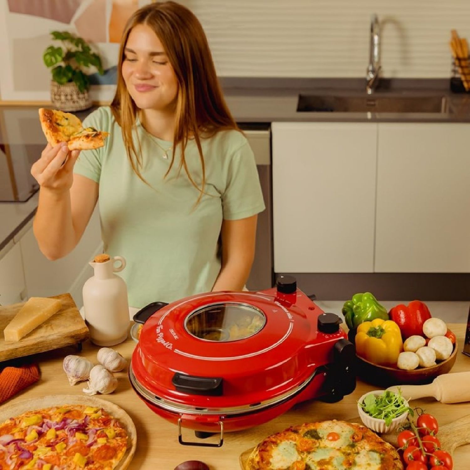 Horno Grill Eléctrico Para Pizza Fun Pizza&co Mamma Mía Vista, 1200 W, Temporizador 15min, Temperatura Max De 420ºc En 3min, Ventana De Visualización, Placa De Piedra.