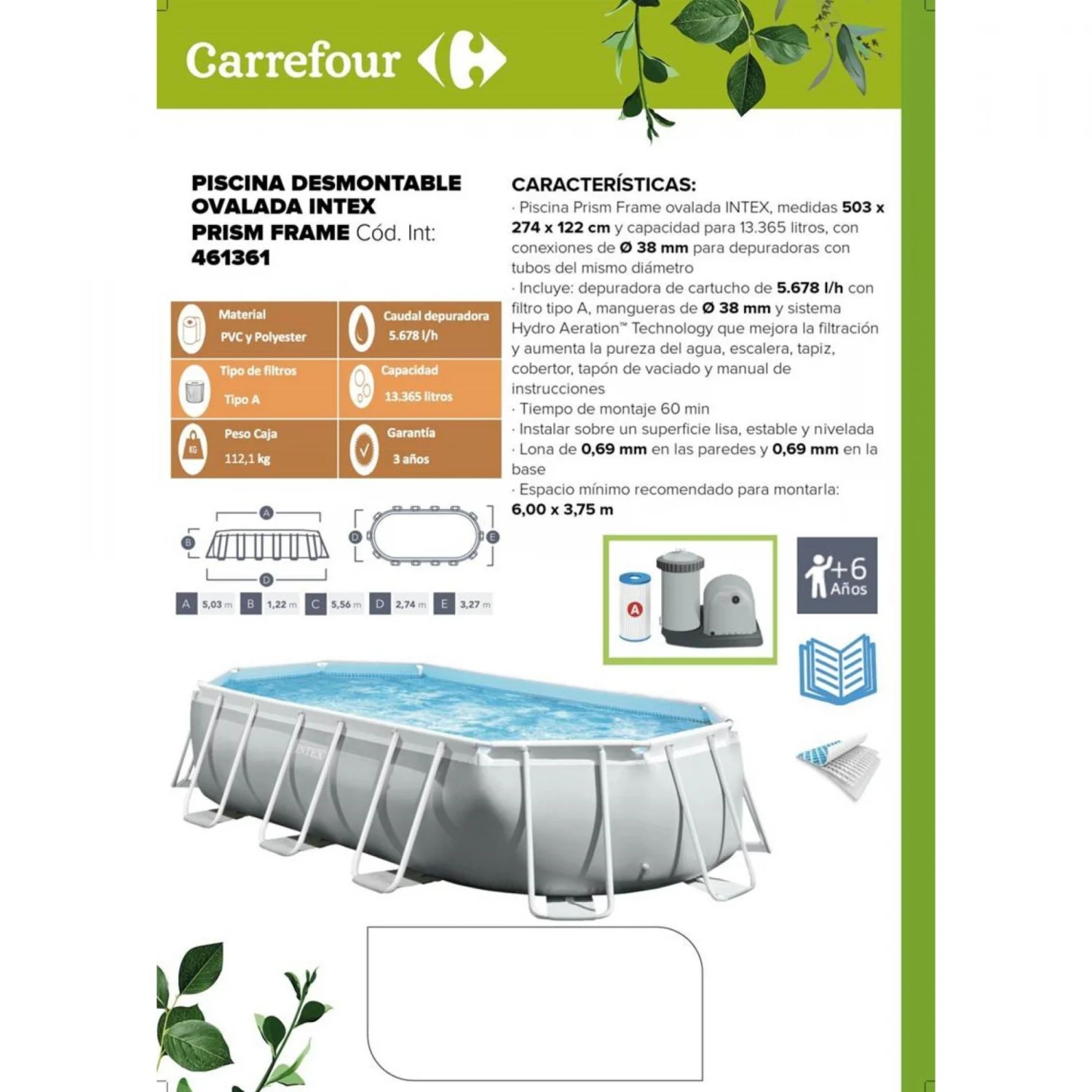 Piscina Desmontable Ovalada Prism Frame Intex 503x274x122 cm con Depuradora