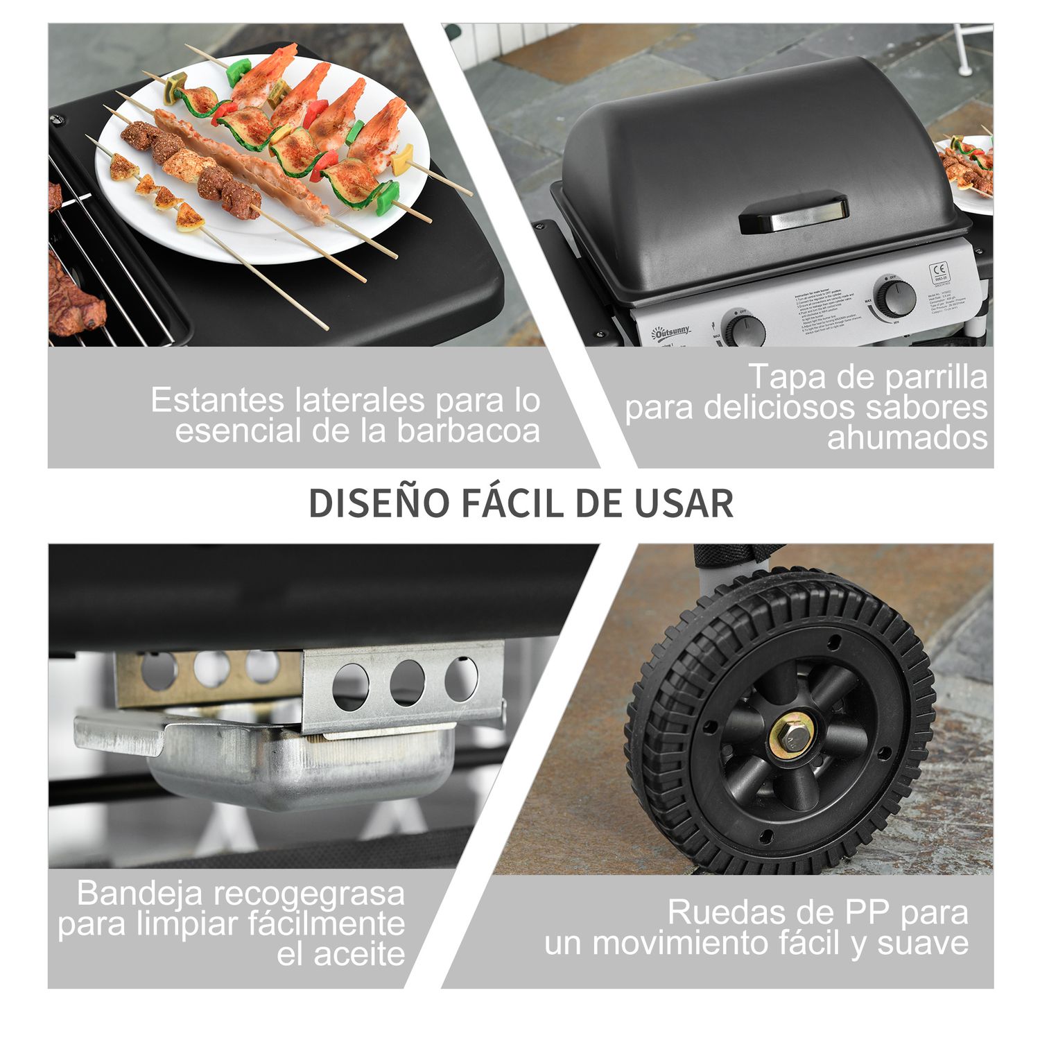 Barbacoa De Gas Outsunny Acero Pp, 104x49x99 Cm, Negro