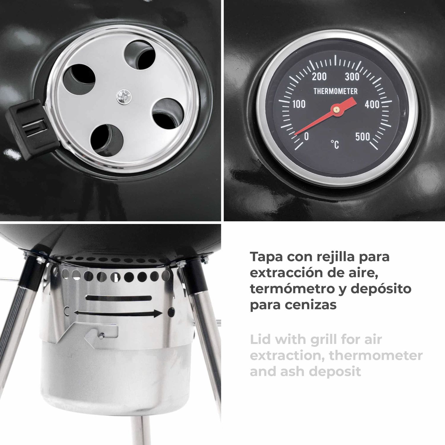 Barbacoa De Carbón Portátil Con Ruedas Kekai Yellowstone 58x47x100 Cm Redonda Con Tapa Y Encendedor Esmaltado En Negro