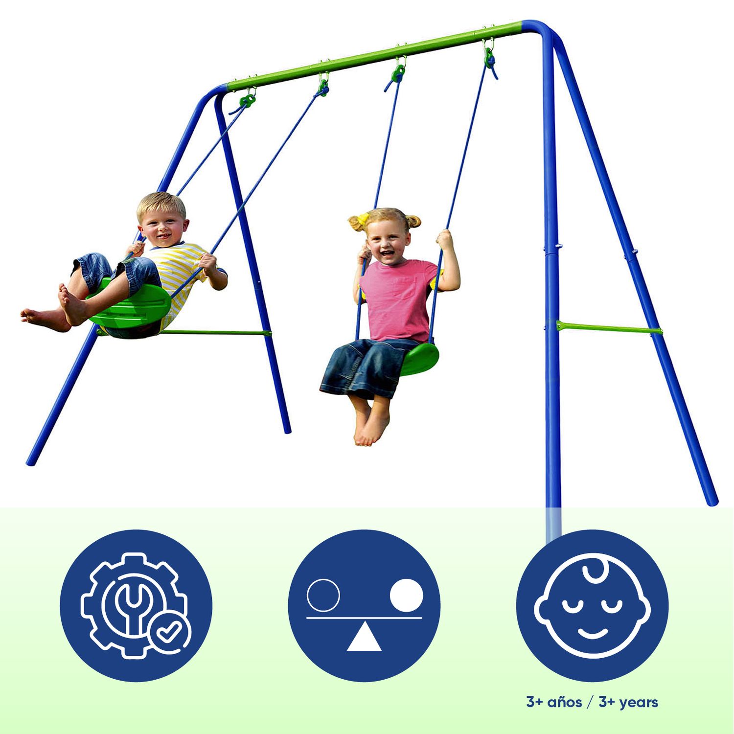 Columpio Doble Infantil Para Jardín + 3 Años Juego Para Niños De Metal Outdoor Toys 220x138x182 Cm Carga Hasta 45 Kg