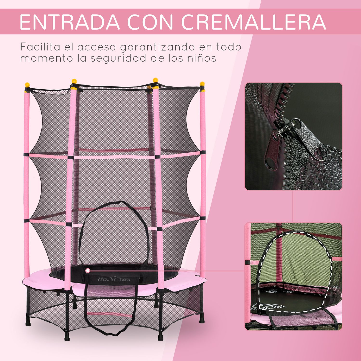 Cama Elástica Infantil Ø140 Cm Con Red De Seguridad Rosa Homcom