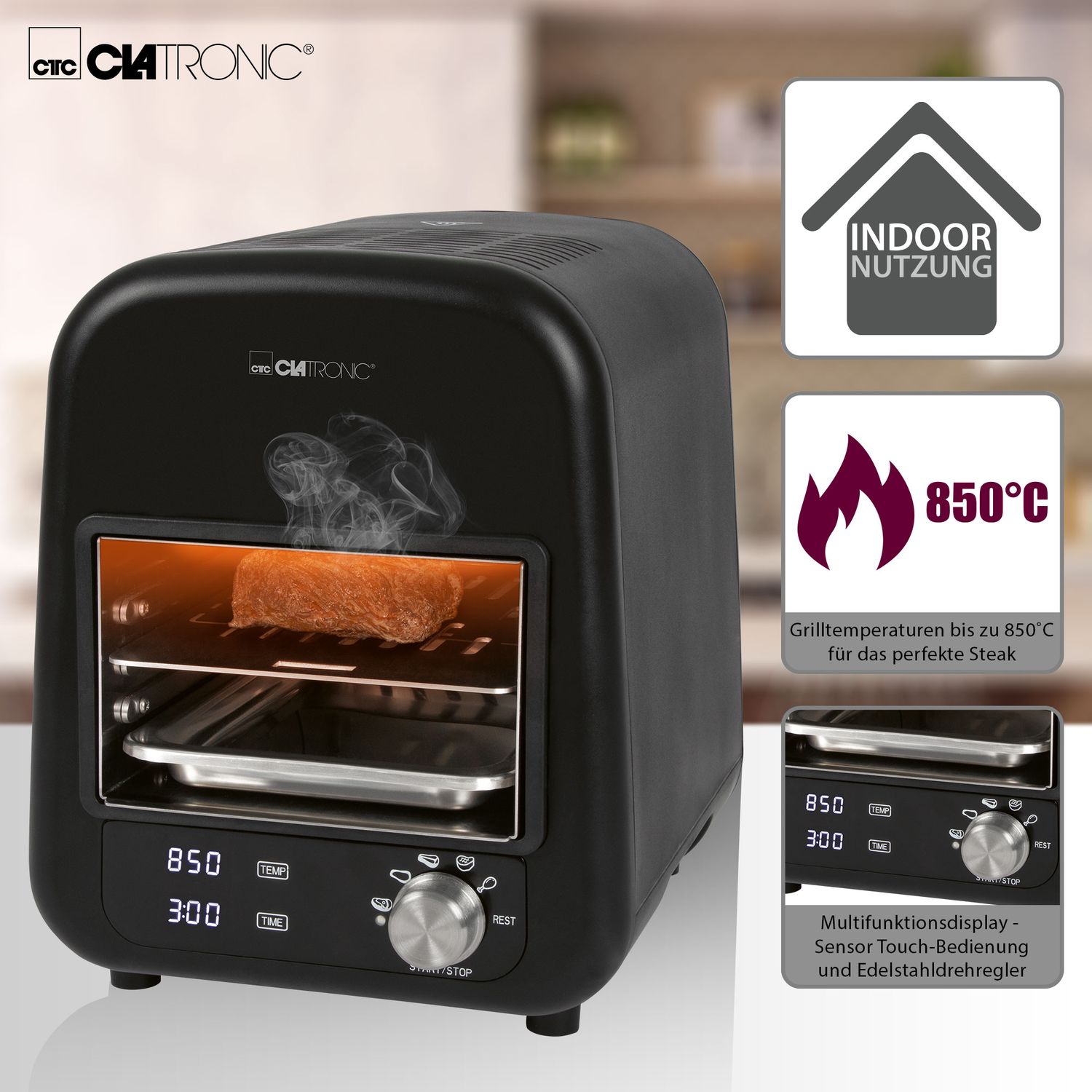 Barbacoa Grill Eléctrica Infrarrojos, Parrilla Cerámica, 5 Programas Cocinado, 850ºc,  Interior Negro 1600w Clatronic Ebg 3760