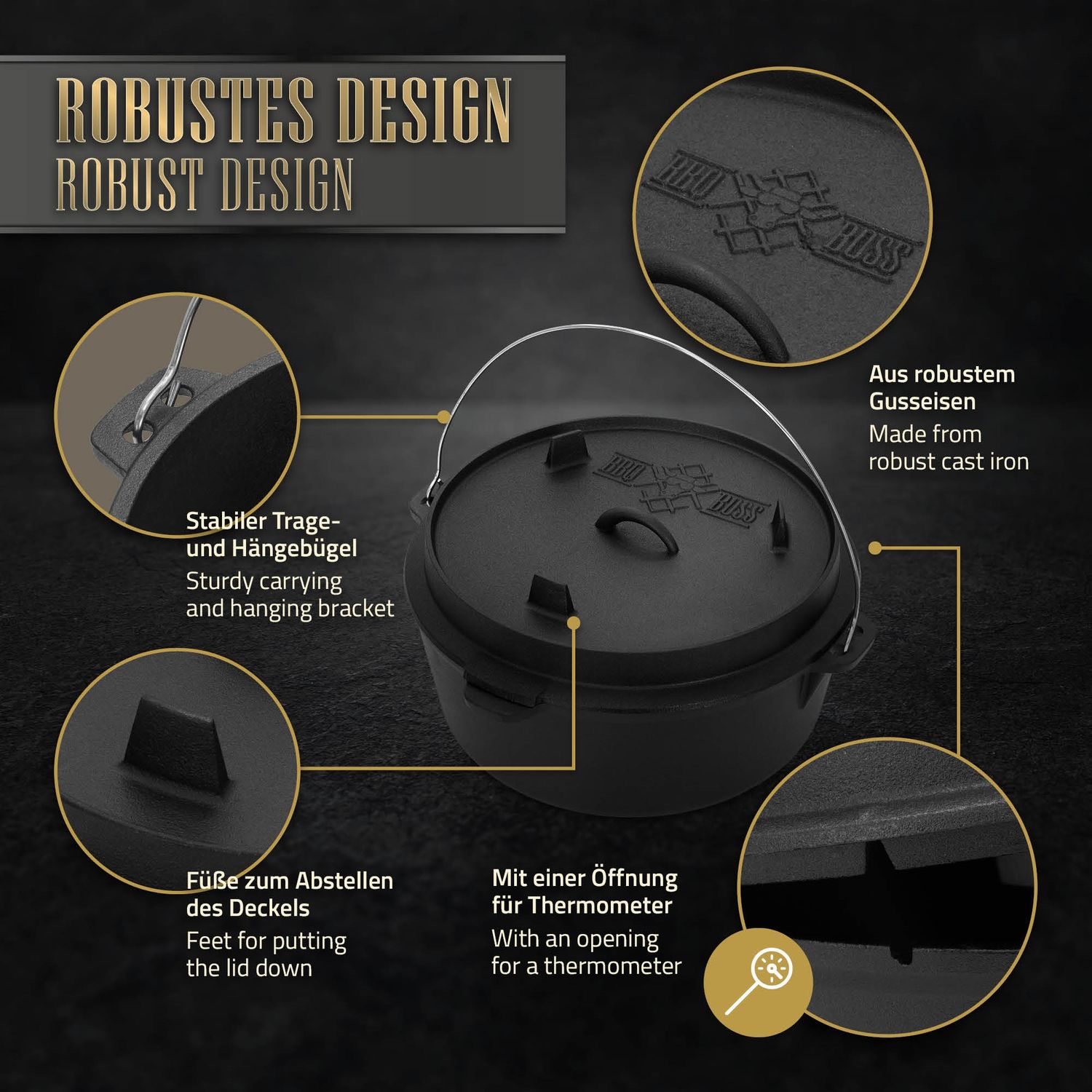 Dutch Oven Set Bbq 13.6l Negro Con Elevador De Tapa Y Trébede Bbq#boss