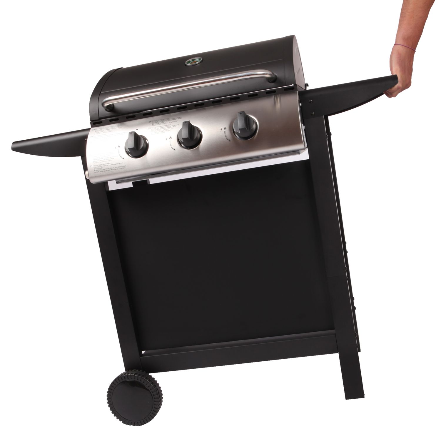 Lofoten - Barbacoa De Gas Para Exterior 3 Quemadores De 8,4 Kw Sobre Ruedas Con Tapa, 2 Parrillas De Acero Cromado, 2 Estantes Laterales, 1 Bandeja Baja Y Termómetro - Negro