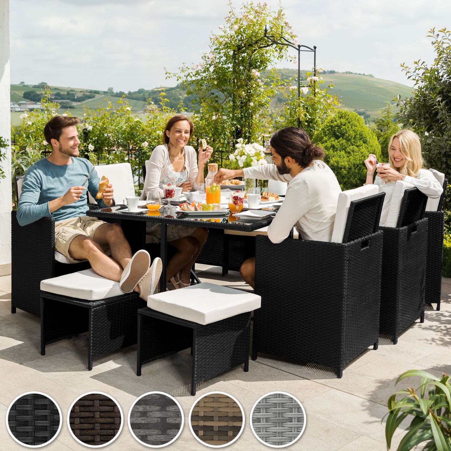 Conjunto De Ratán Málaga 6+4+1, Funda Impermeable - Gris