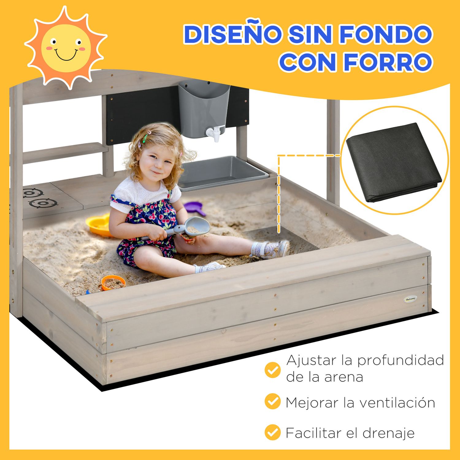 Arenero Para Niños Outsunny Madera Poliéster 114x110x110 Cm Gris