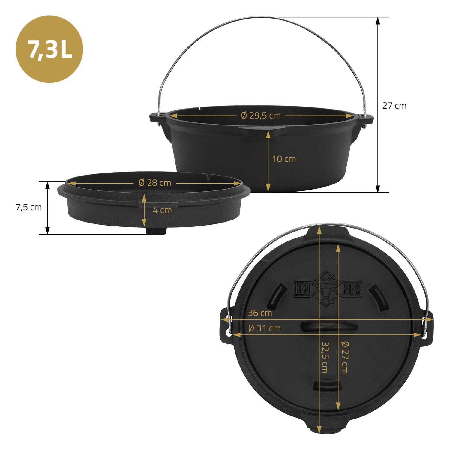 Dutch Oven Set Bbq 7.3l Hierro Negro Con Elevador Y Trébede Bbq#boss