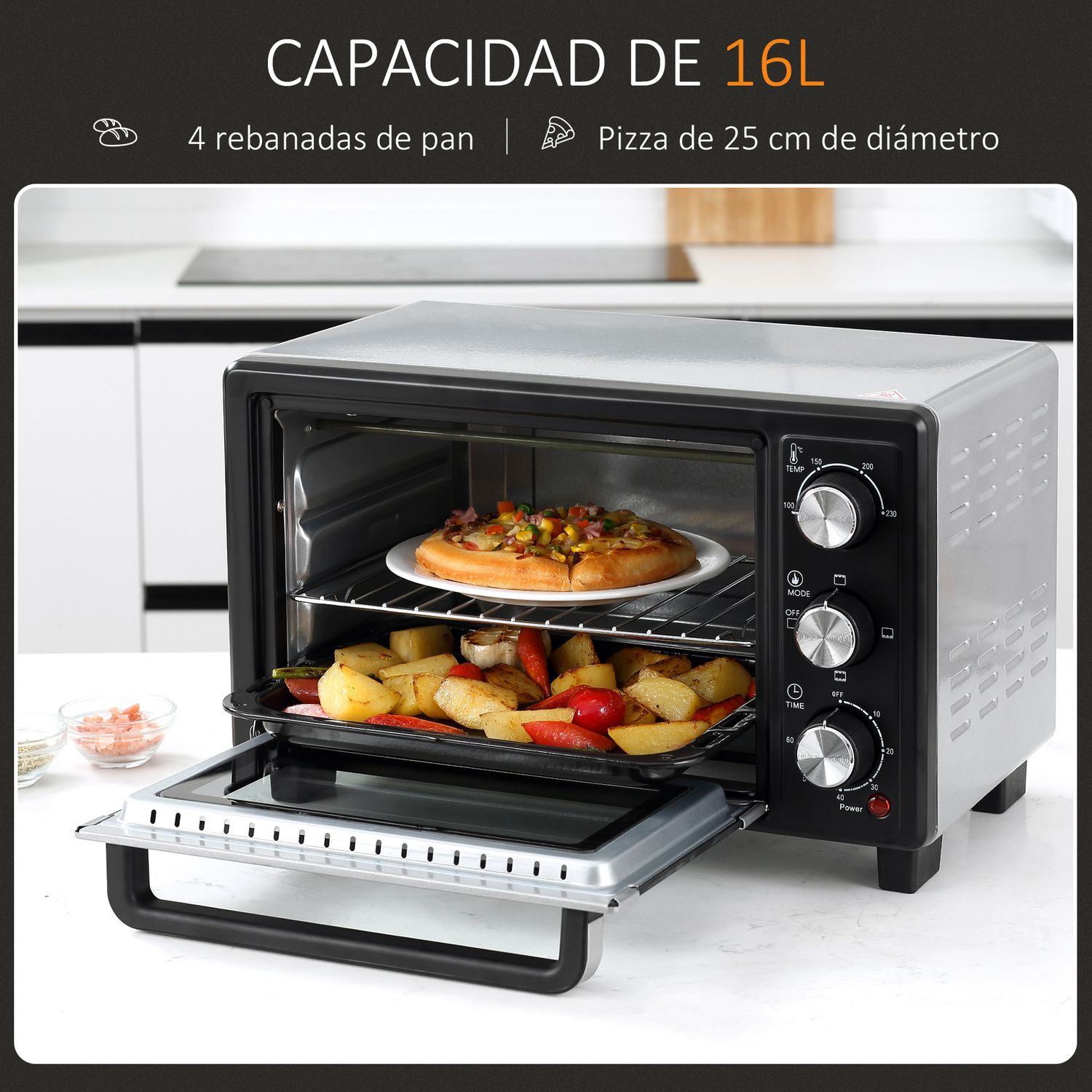 Horno Eléctrico Sobremesa 16l 1400w Con 3 Modos De Calor Homcom