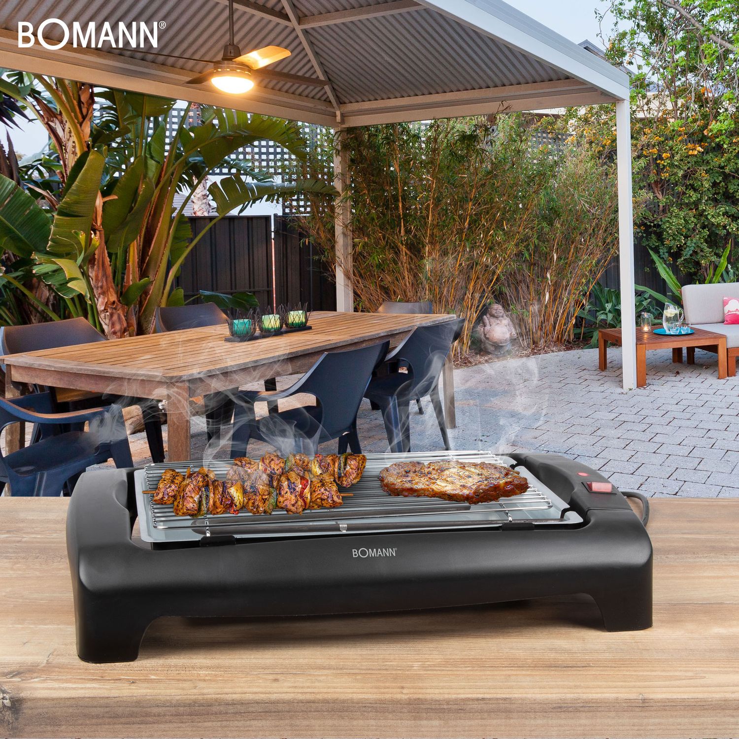 Bomann Bq 1240 - Barbacoa Eléctrica Con Parrilla Cromada De 35,5 X 24,5 Cm, 2000 W, Color Negro
