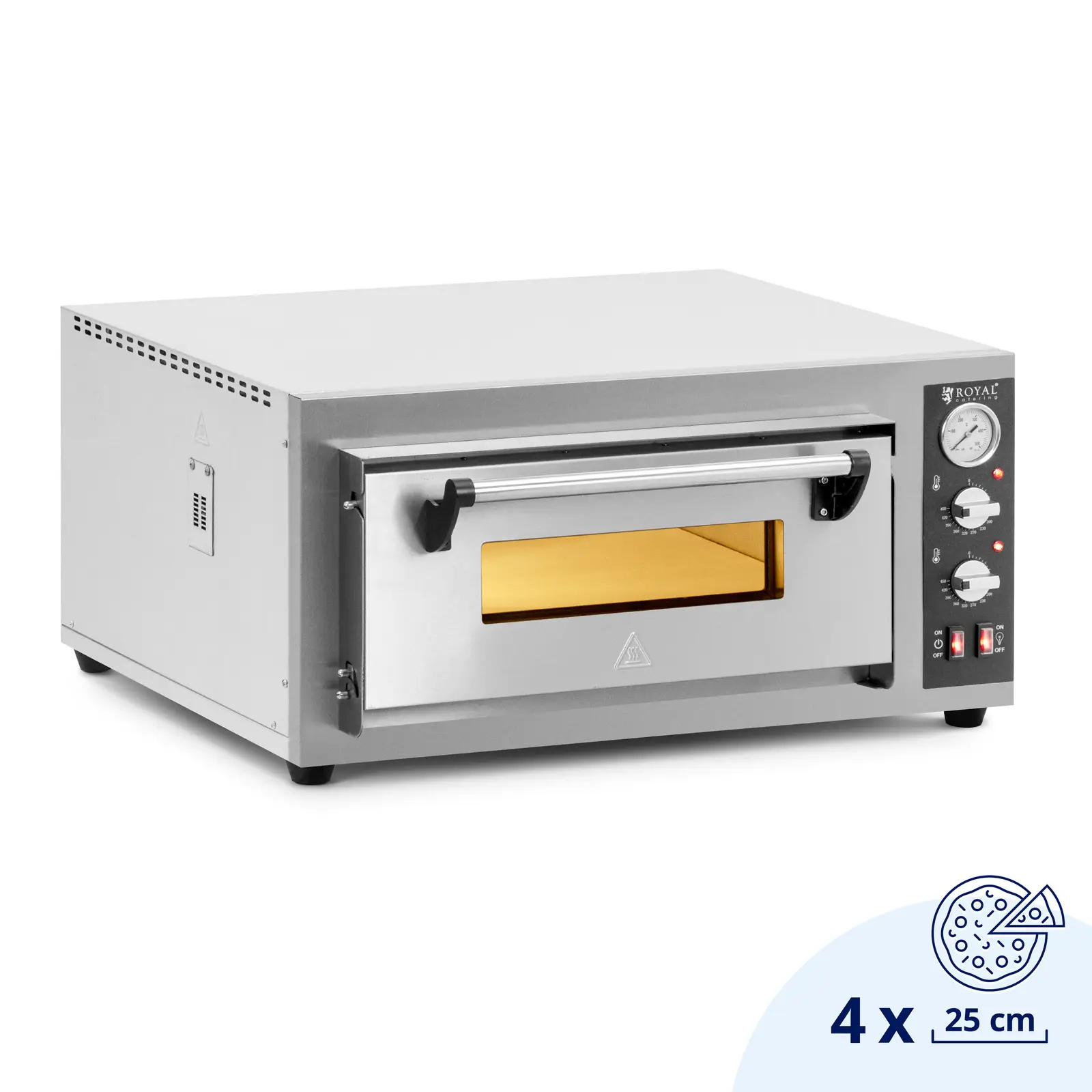 Elektrisk pizzaovn - 4 x 25 cm - 1 kammer - 4200 W - ildleire murstein - Royal Catering