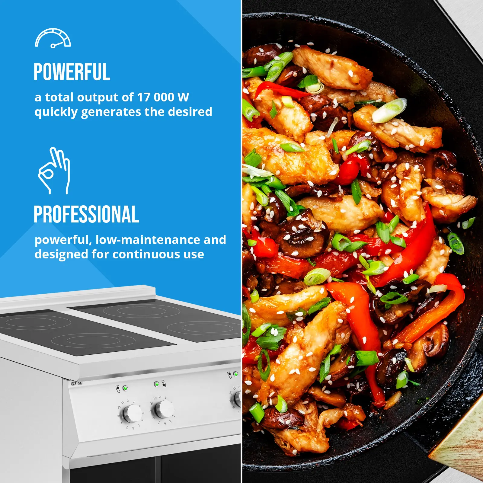 Induksjonskomfyr - 17 000 W - 4 kokeflater - 260 °C - Oppbevaringsplass - Royal Catering