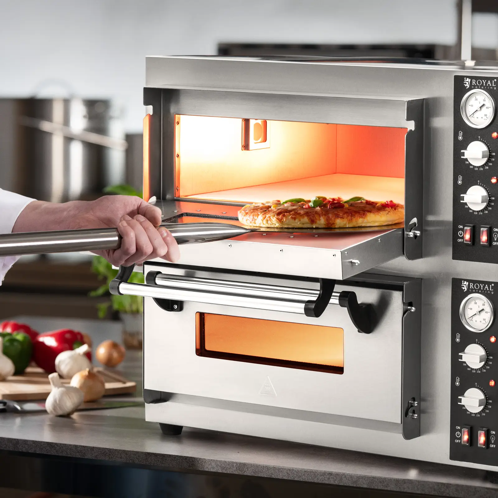Elektrisk pizzaovn - 4+4 x 25 cm - 2 kammer - 8400 W - 400 V - ildleirestein - Royal Catering