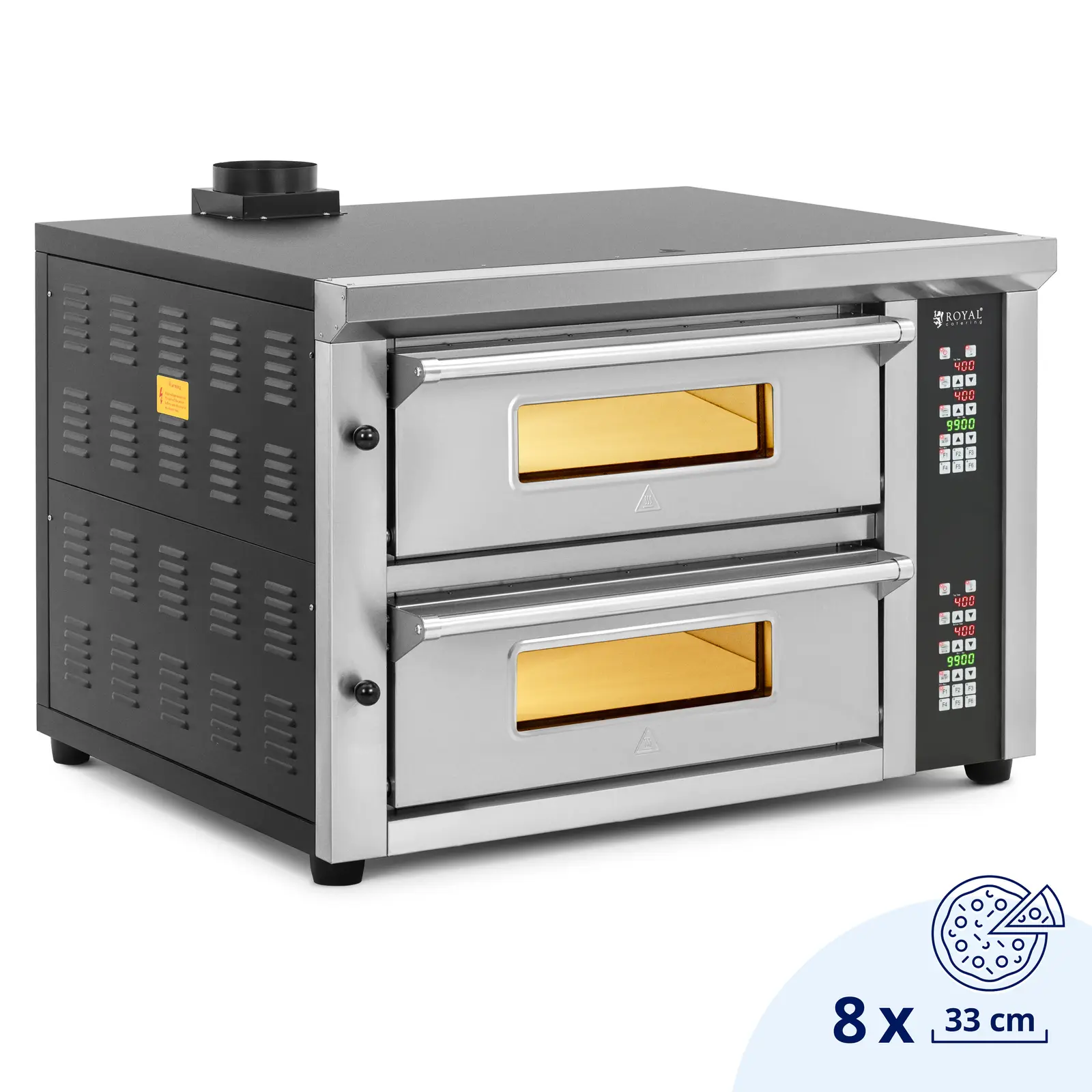 Elektrisk pizzaovn - 4+4 x 33 cm - 2 kammer - 8400 W - 400 V - digital - ildleirestein - Royal Catering