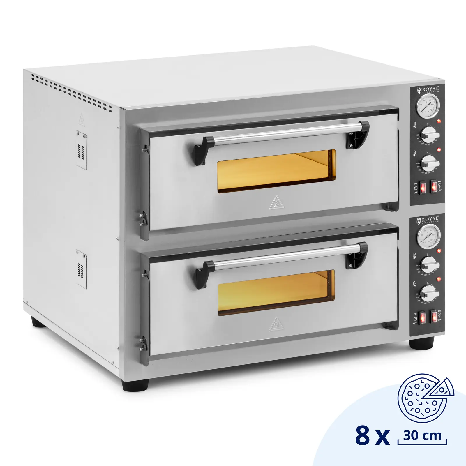 Elektrisk pizzaovn - 4+4 x 30 cm - 2 kammer - 8400 W - 400 V - ildleirestein - Royal Catering