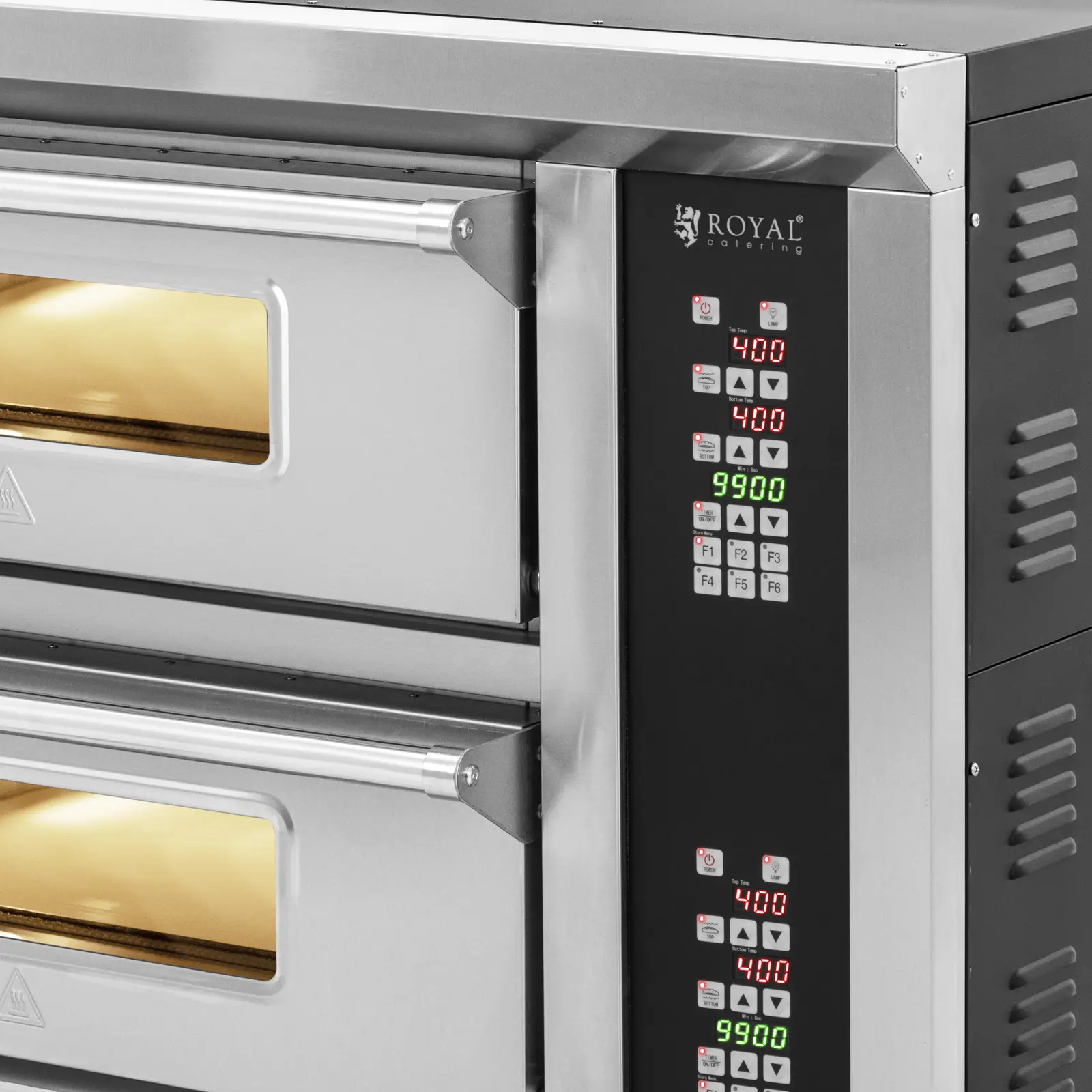 Elektrisk pizzaovn - 4+4 x 33 cm - 2 kammer - 8400 W - 400 V - digital - ildleirestein - Royal Catering