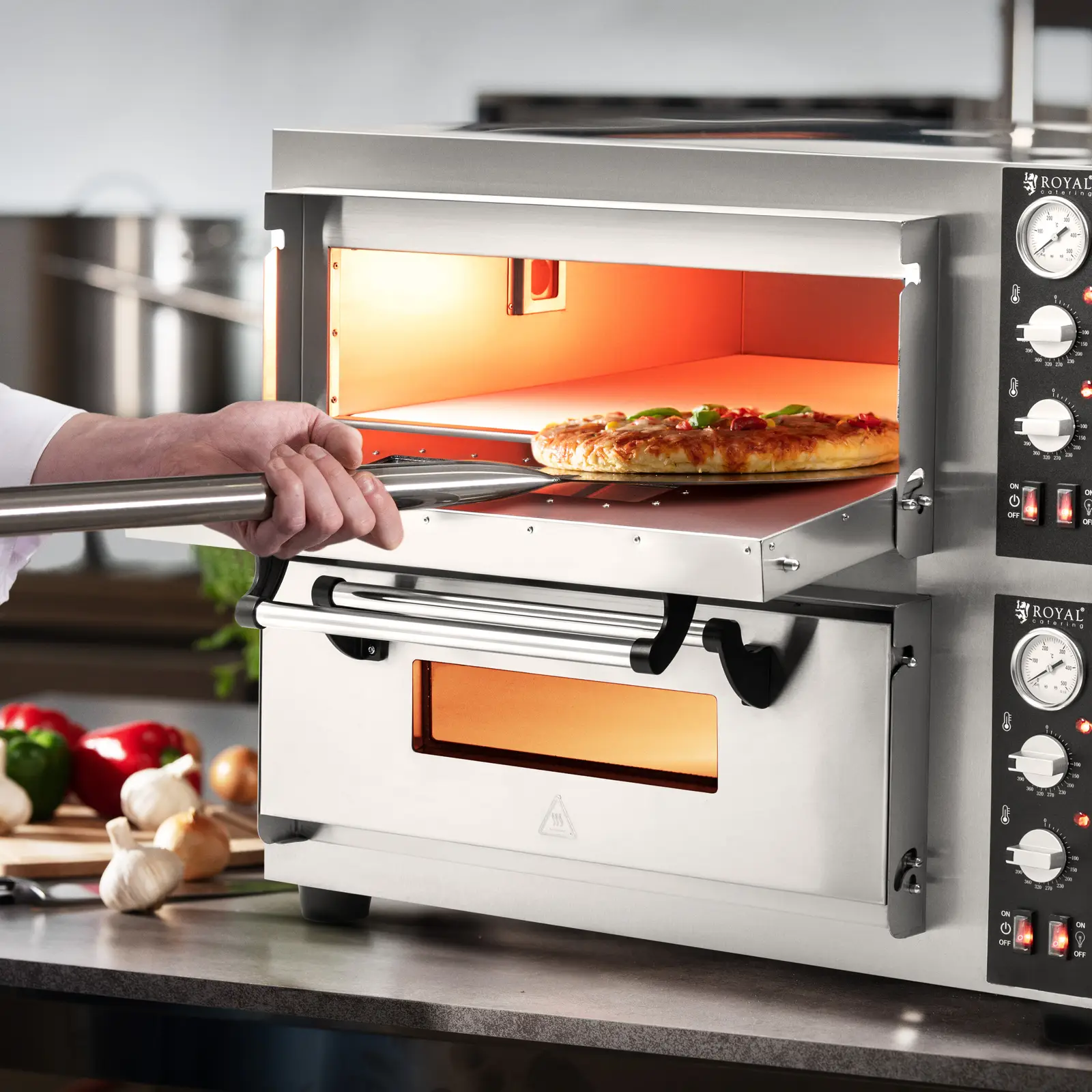 Elektrisk pizzaovn - 4+4 x 30 cm - 2 kammer - 8400 W - 400 V - ildleirestein - Royal Catering