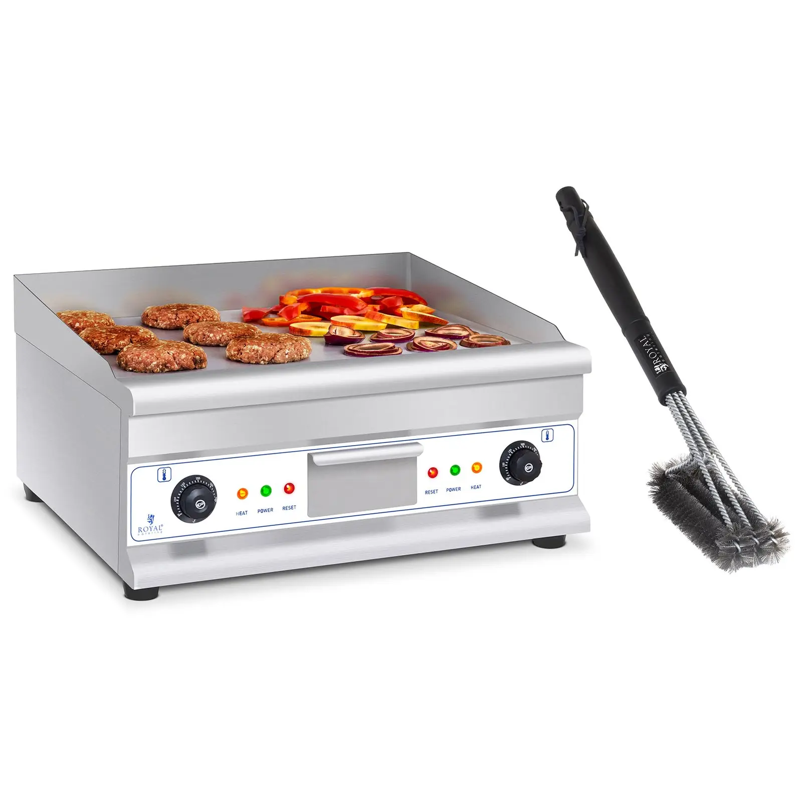 Dobbel elektrisk flatgrill - sett med 3-delt grillbørste - 60 cm - glatt - stål - 2 x 3,200 W