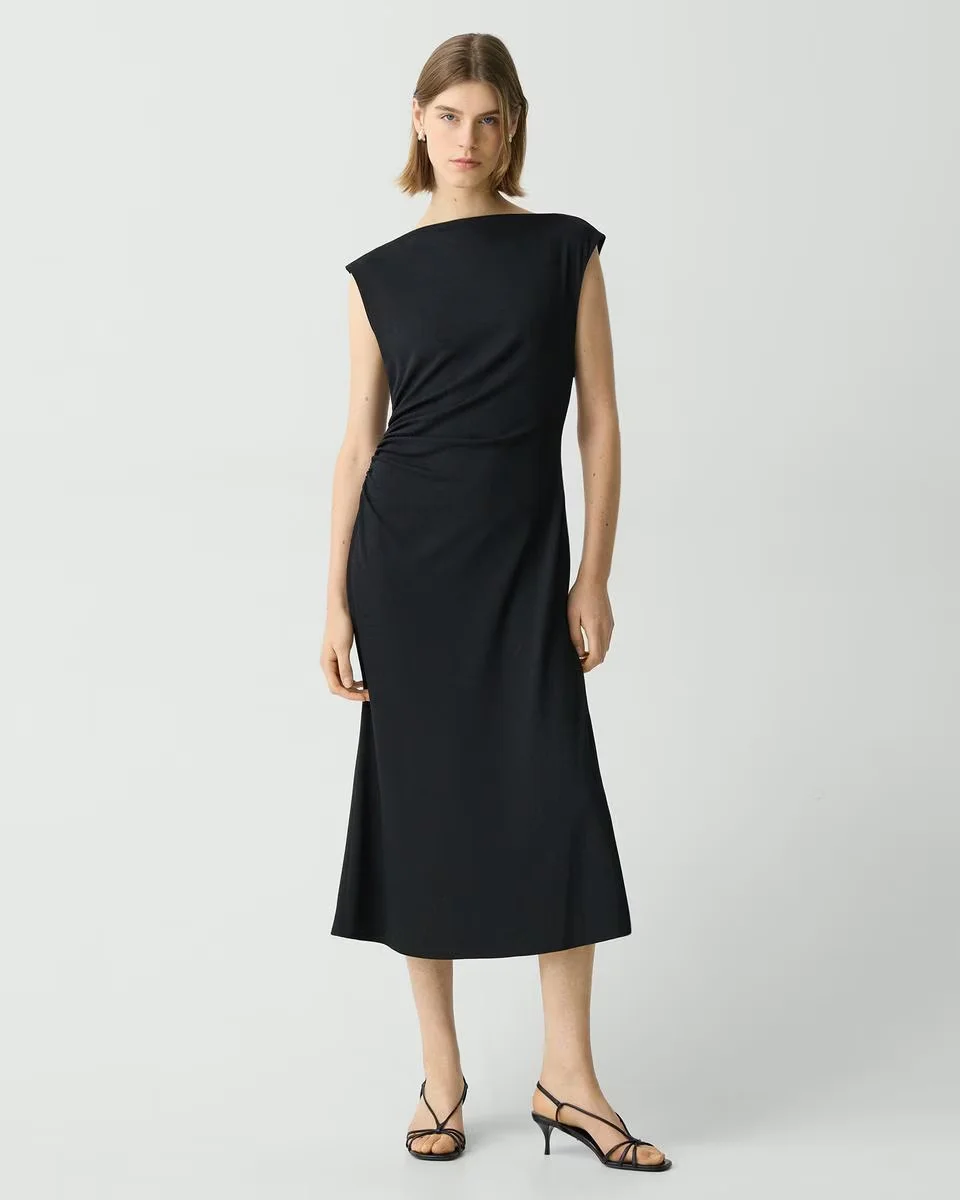 Draped Boatneck Dress in Crepe Jersey | Theory Fashion Sale Draped Boatneck Dress in Crepe Jersey | Theory Fashion Sale