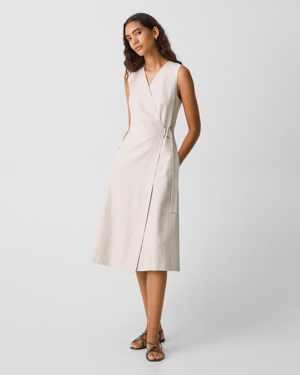 Sleeveless A-Line Wrap Dress in Striped Canvas - Theory Factory Store