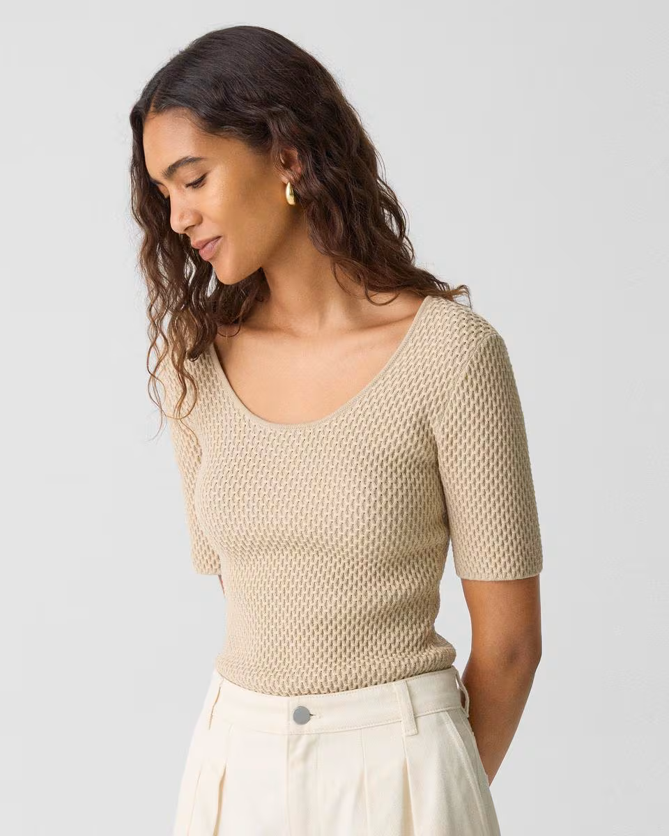 Scoop Neck Top in Textured Cotton-Blend - Theory Factory Store