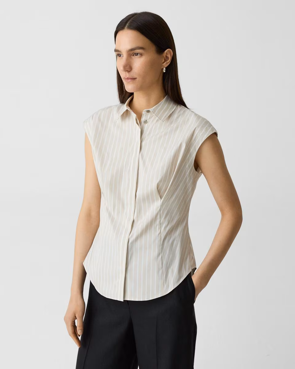 Cinched Cap-Sleeve Shirt in Striped Cotton-Blend - Theory Factory Store