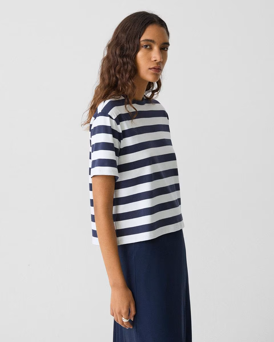 Boxy Crewneck Tee in Striped Cotton - Theory Factory Store