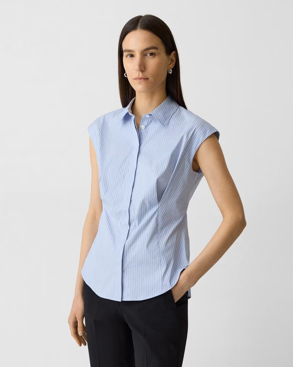 Cinched Cap-Sleeve Shirt in Striped Cotton-Blend - Theory Factory Store