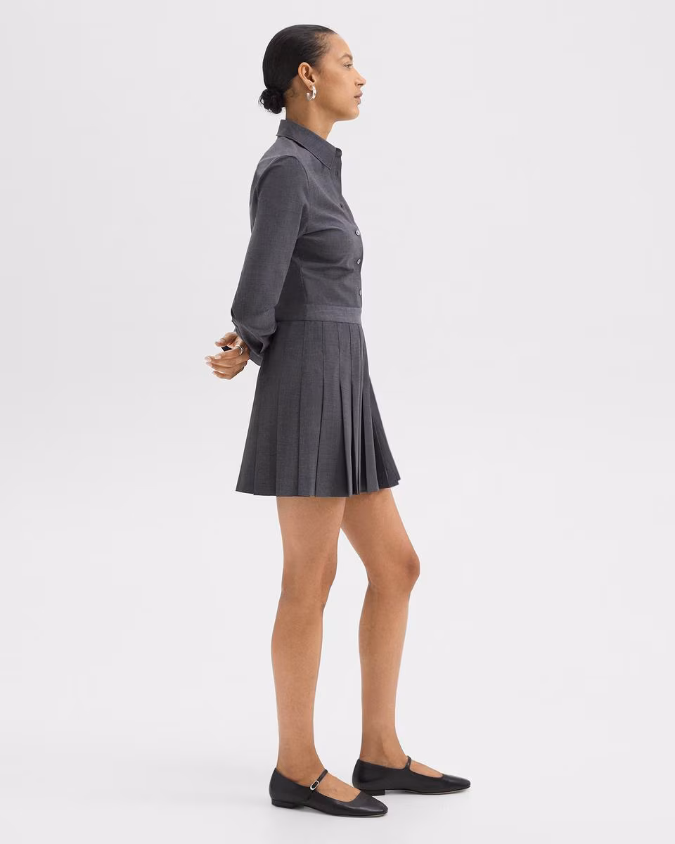 Pleated Mini Shirt Dress in Stretch Wool-Blend - Theory Factory Store