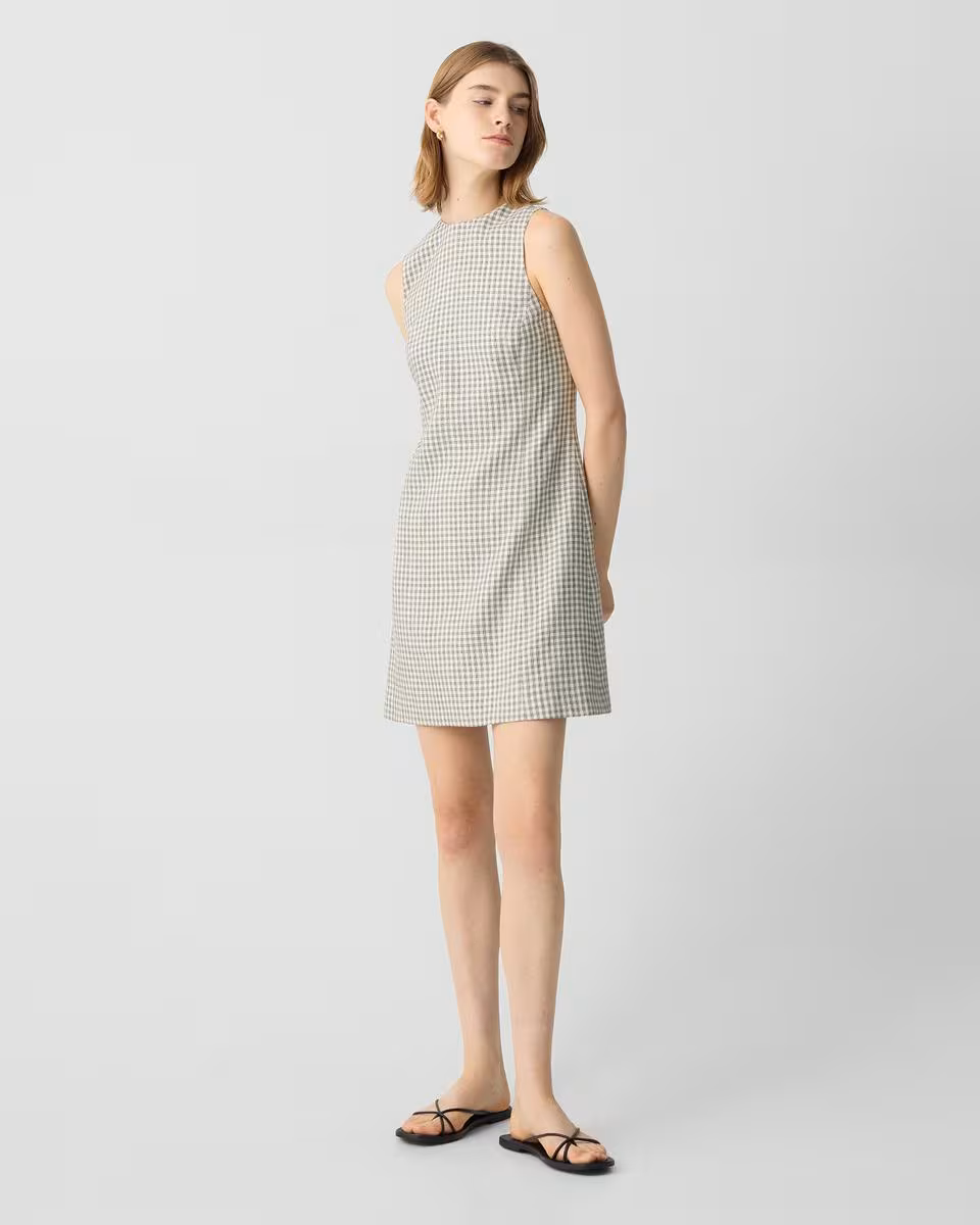 A-Line Mini Dress in Checked Linen-Blend - Theory Factory Store