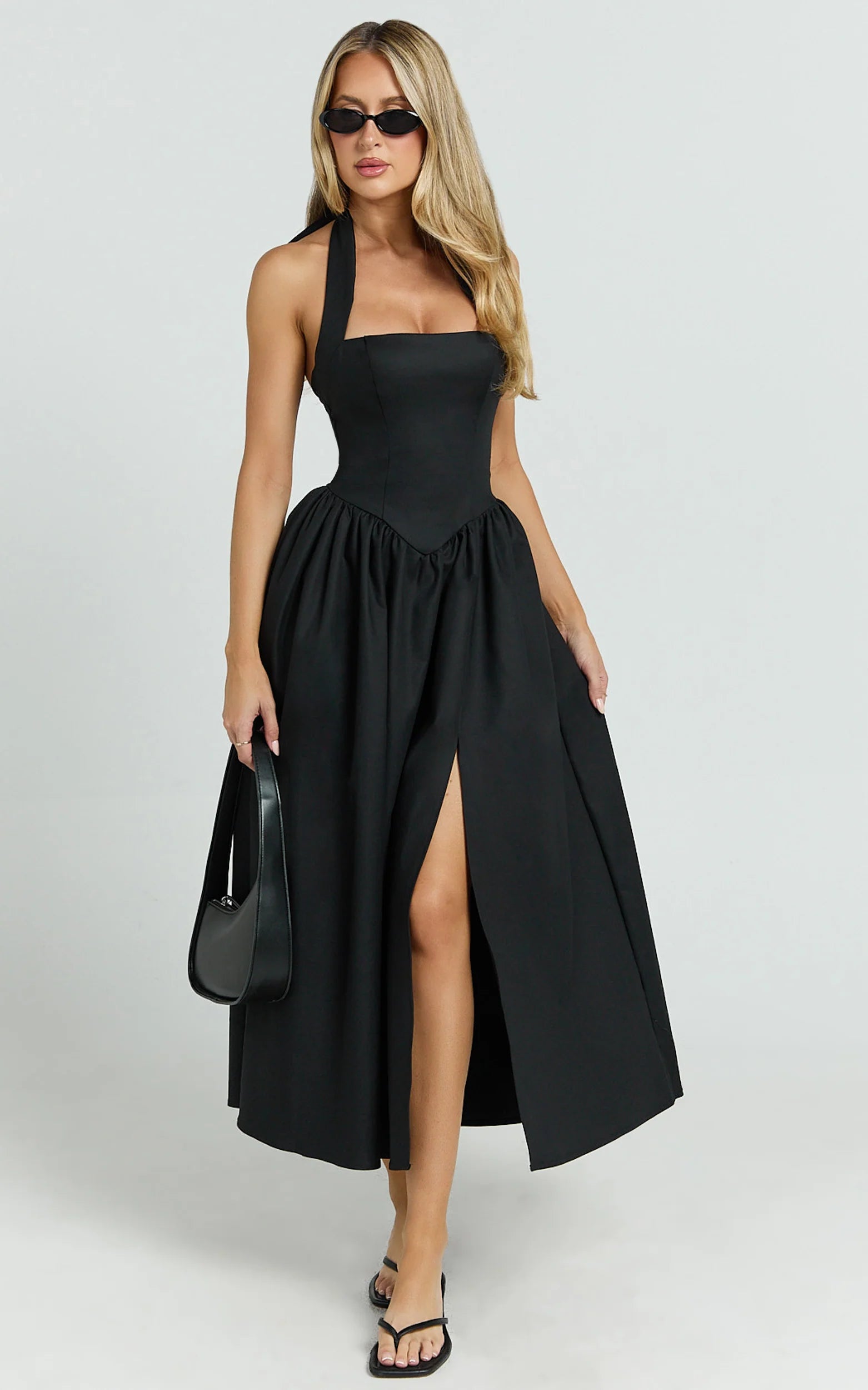 Helda Midi Dress Halter Tie Neck Corset Panel Dress in Black