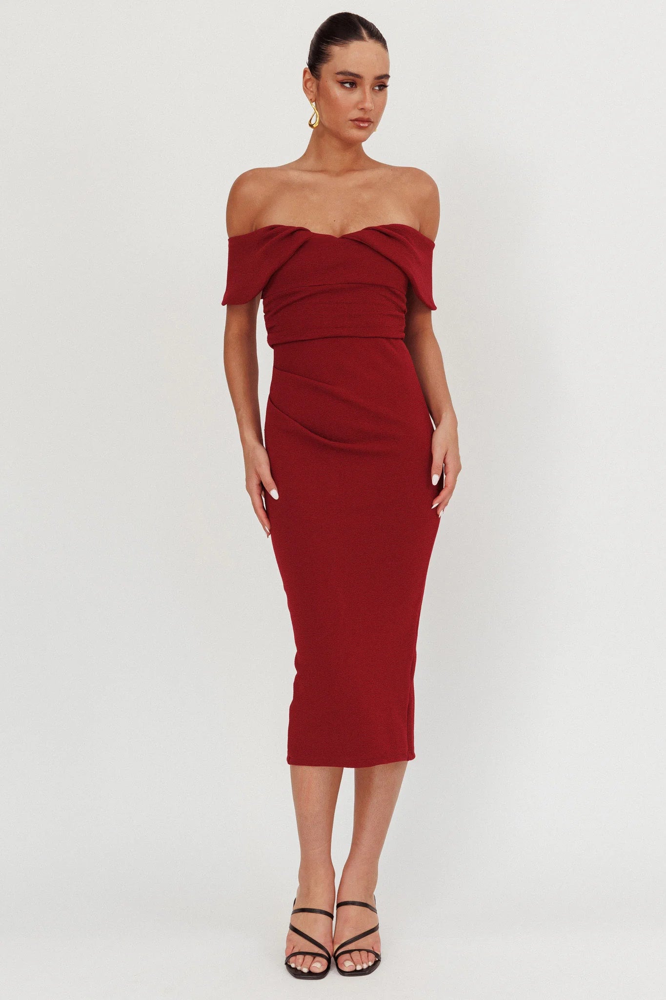 Lillianne Off-Shoulder Midi Dress Wine